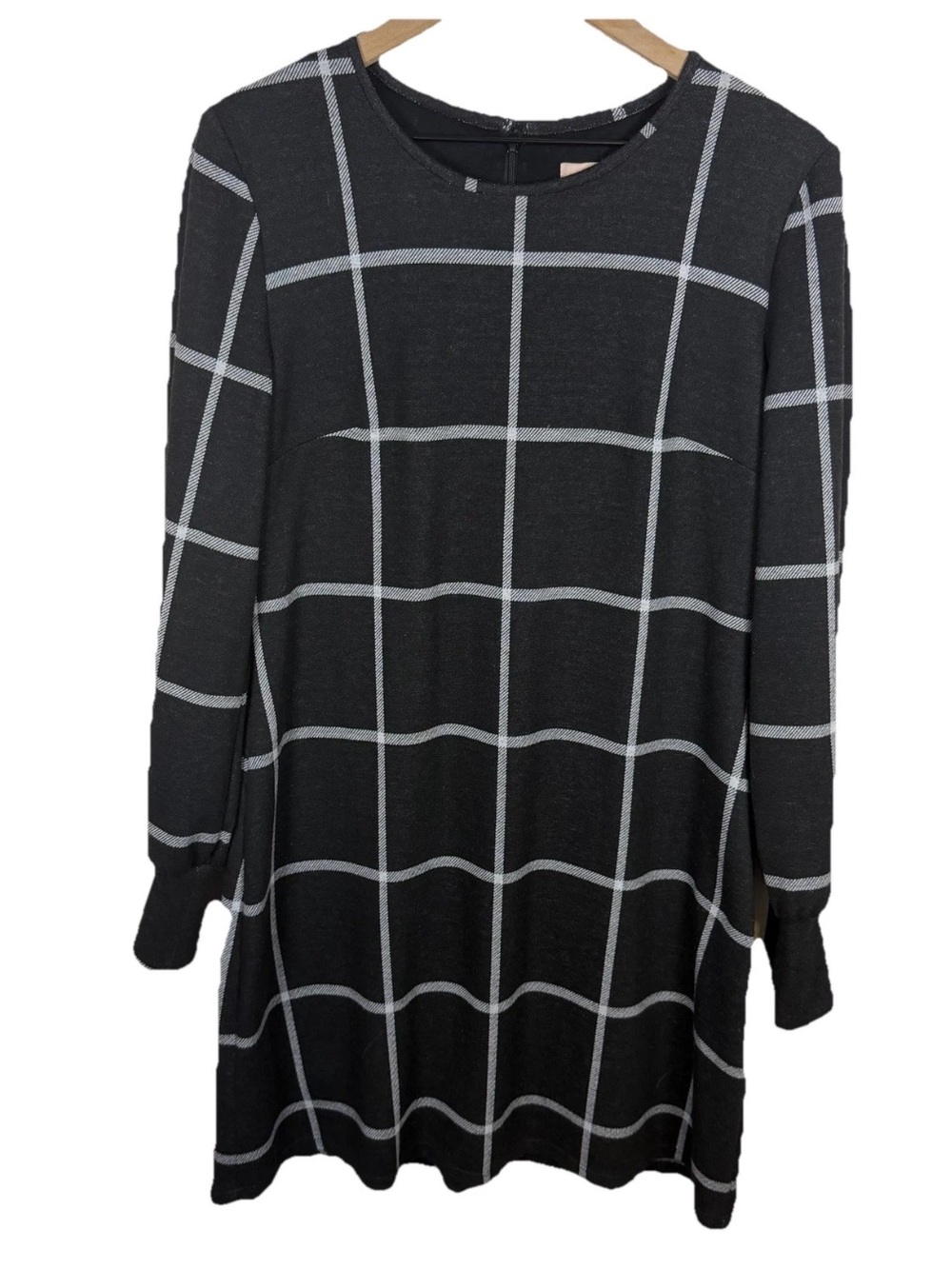 Hutch Windowpane Plaid Shift Dress Size L Black White Long Sleeve Career Anthro